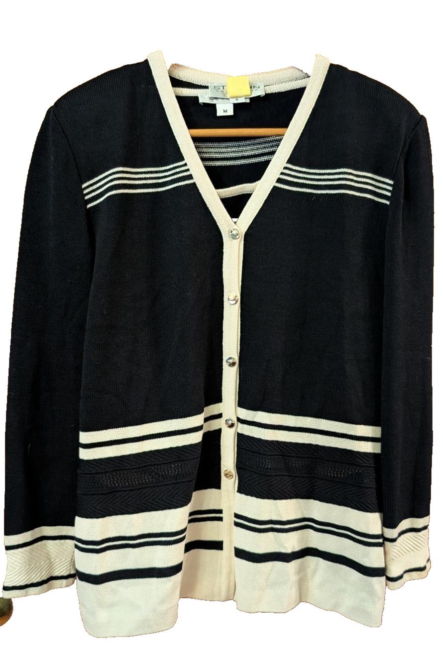 St John Santana Knit Cardigan Tank Set Black Cream Gold Buttons M Quiet Luxury